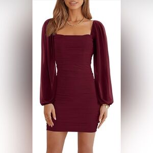 Long Sleeve Square Neck Ruched Party Club Cocktail Bodycon Mini Dress